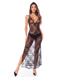 Nuisette transparente noire en dentelle avec décolleté plongeant et fentes latérales - Mapalé Nuisette transparente noire en dentelle avec décolleté plongeant et fentes latérales - Mapalé