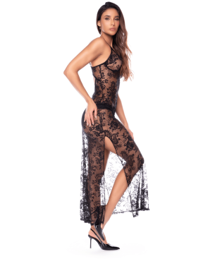 Nuisette transparente noire en dentelle avec décolleté plongeant et fentes latérales - Mapalé