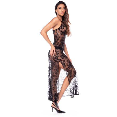 Nuisette transparente noire en dentelle avec décolleté plongeant et fentes latérales - Mapalé