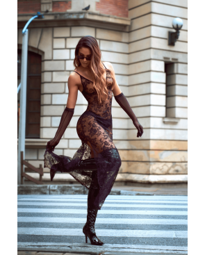 Nuisette transparente noire en dentelle avec décolleté plongeant et fentes latérales - Mapalé