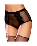 Culotte en résille et dentelle noire avec jarretelles roses 