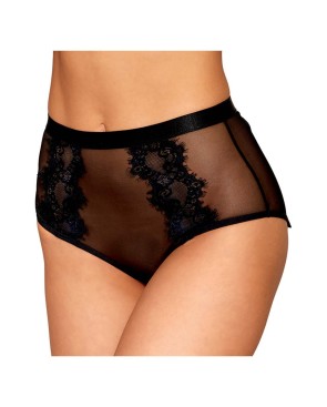 Culotte en résille et dentelle noire avec jarretelles roses 