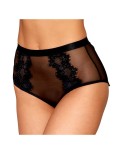 Culotte en résille et dentelle noire avec jarretelles roses 