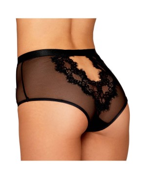 Culotte en résille et dentelle noire avec jarretelles roses 
