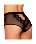 Culotte en résille et dentelle noire avec jarretelles roses 