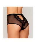 Culotte en résille et dentelle noire avec jarretelles roses 