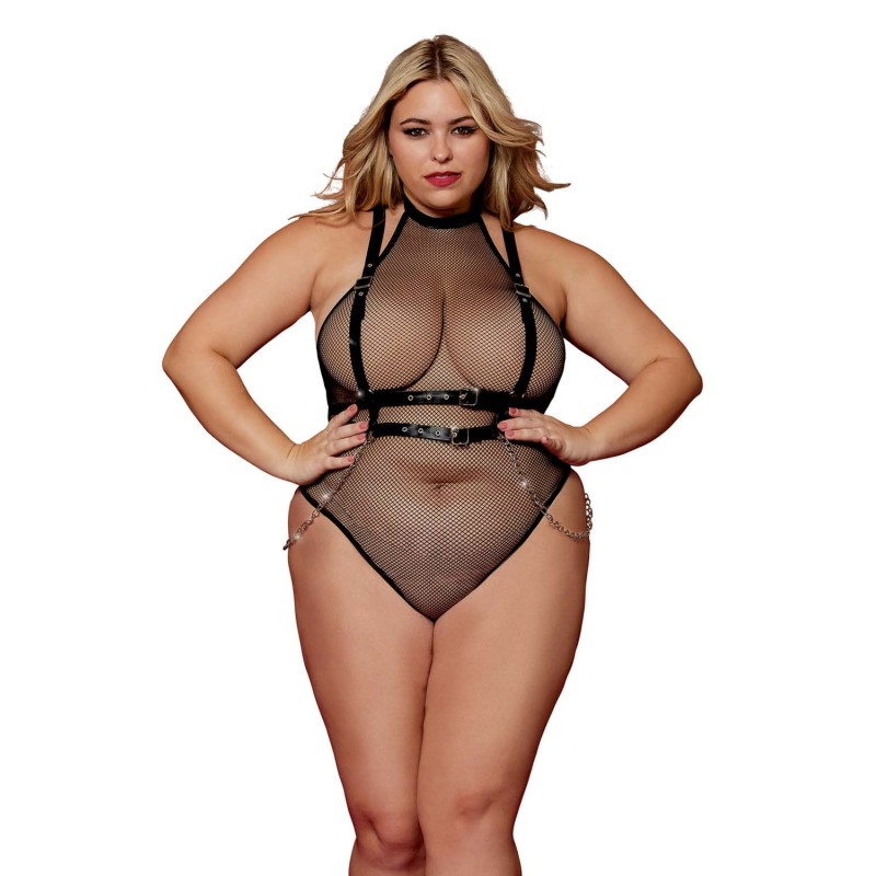 Body en résille, grande taille, avec Harnais simili cuir et chaines Body en résille, grande taille, avec Harnais simili cuir et chaines