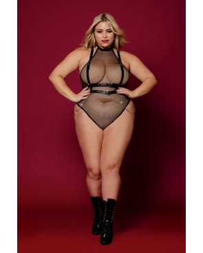 Body en résille, grande taille, avec Harnais simili cuir et chaines 