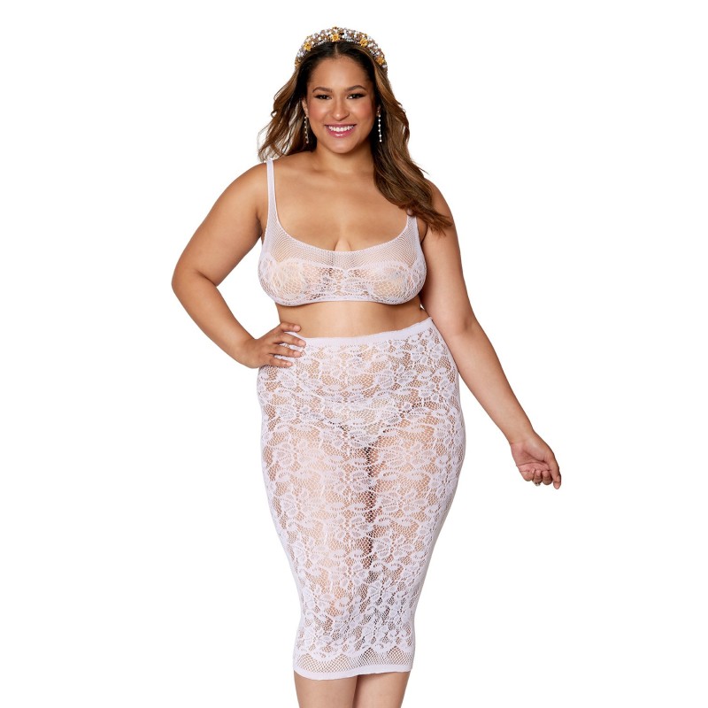 Ensemble 2 pièces grande taille, brassière résille fantaisie et jupe longue assorti Ensemble 2 pièces grande taille, brassière résille fantaisie et jupe longue assorti