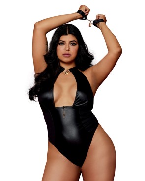 Body wetlook noir  grande taille avec menottes, cadenas bijoux et clé bijou inclus 