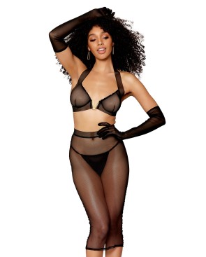 Ensemble 2 pièces, soutien gorge et jupe longue transparente noir