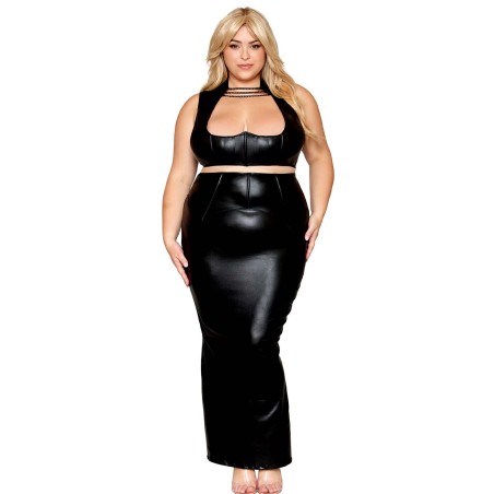 Ensemble Soutien-gorge et jupe longue, grande taille, noir en simili cuir