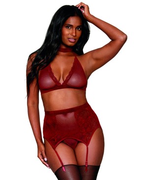 Ensemble 4 pièces soutien gorge, tour de cou, string et porte jarretelles rouge 