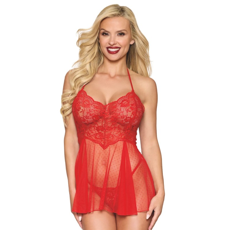 Nuisette rouge en résille et dentelle florale, string assorti Nuisette rouge en résille et dentelle florale, string assorti