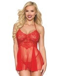 Nuisette rouge en résille et dentelle florale, string assorti Nuisette rouge en résille et dentelle florale, string assorti