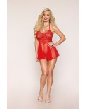 Nuisette rouge en résille et dentelle florale, string assorti Nuisette rouge en résille et dentelle florale, string assorti