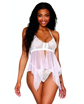Babydoll et string en résille et dentelle blanche 