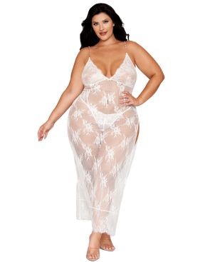Nuisette longue blanche grande taille en dentelle florale, string assorti