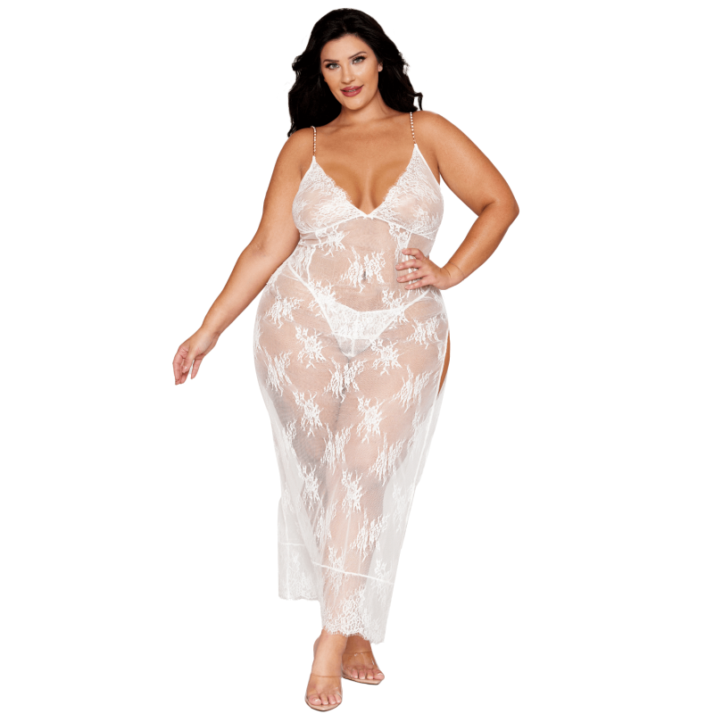Nuisette longue blanche grande taille en dentelle florale, string assorti Nuisette longue blanche grande taille en dentelle florale, string assorti