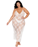 Nuisette longue blanche grande taille en dentelle florale, string assorti Nuisette longue blanche grande taille en dentelle florale, string assorti