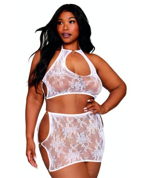 Ensemble 2 pièces grande taille top et jupe en résille fantaisie blanche 