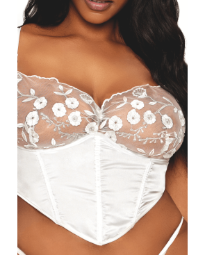 Bustier blanc avec armatures grande taille, en satin et dentelle florale 