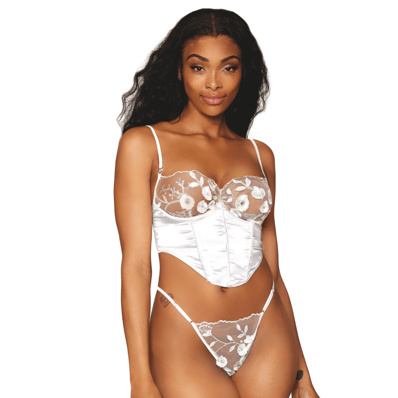 Bustier blanc avec armatures, en satin et dentelle florale Bustier blanc avec armatures, en satin et dentelle florale