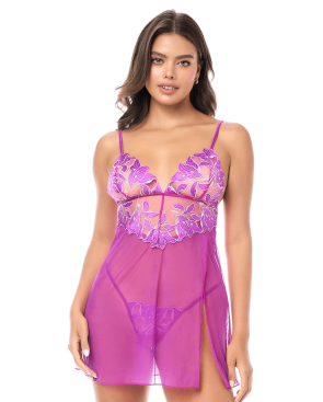 Babydoll sexy en résille brodée florale et string