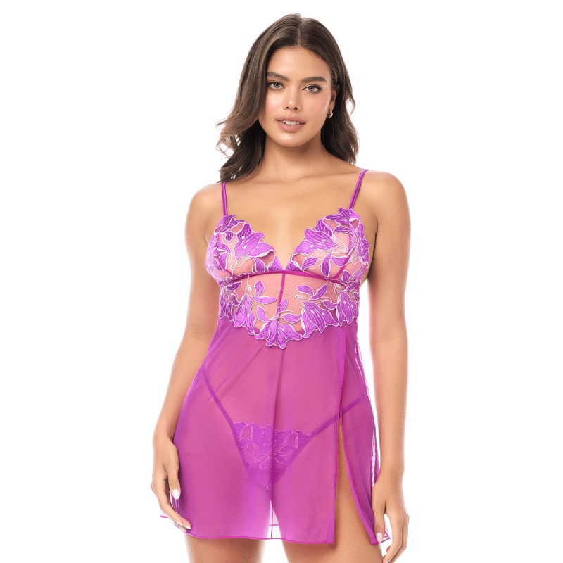 Babydoll sexy en résille brodée florale et string Babydoll sexy en résille brodée florale et string