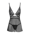 Nuisette noire en dentelle et résille transparente avec string Nuisette noire en dentelle et résille transparente avec string