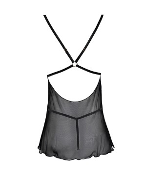 Nuisette noire en dentelle et résille transparente avec string 