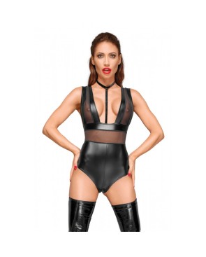 F183 Powerwetlook body avec larges bretelles, empiècements en tulle et tour de cou en velours