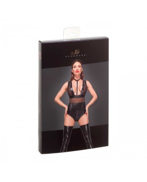 F183 Powerwetlook body avec larges bretelles, empiècements en tulle et tour de cou en velours