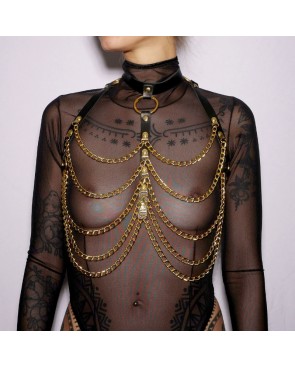 Harnais de poitrine cuir et chaines Gold