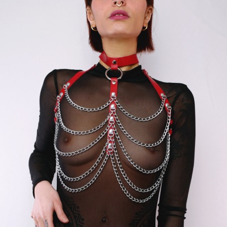 Harnais de poitrine cuir et chaines Rouge