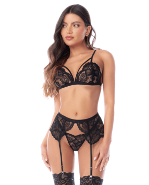 Ensemble lingerie 3 pièces noir en dentelle avec porte-jarretelles – Mapalé