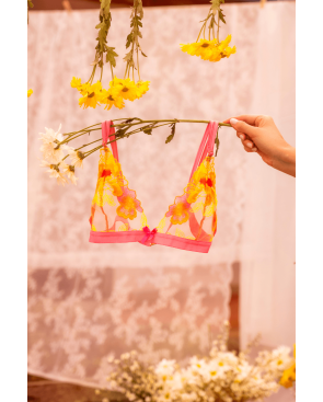 Ensemble lingerie rose et jaune en maille transparente brodée – Mapalé