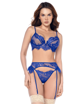 Ensemble sexy 3 pièces bleu intense avec dentelle effet cils