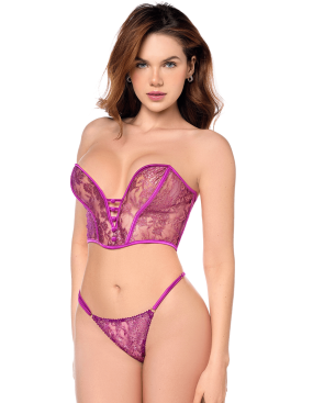 Ensemble sexy 2 pièces bustier string en dentelle satinée