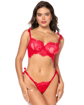 Ensemble sexy 2 pièces en dentelle avec liens à nouer et string
