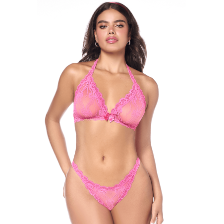 Ensemble sexy 2 pièces rose en dentelle délicate avec haut et string assorti