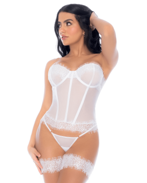 Ensemble 4 pièces blanc, bustier, string et 2 jarretières