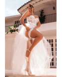 Ensemble 4 pièces blanc, bustier, string et 2 jarretières 