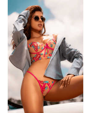 Ensemble 2 pièces brodé rose et bleu, bustier et string 