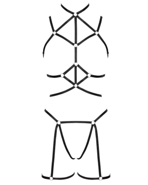 Ensemble 3 pièces soutien-gorge harnais, porte-jarretelles et string 