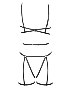 Ensemble 3 pièces soutien-gorge harnais, porte-jarretelles et string 