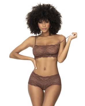 Ensemble 2 pièces en dentelle, top à bretelles et shorty couleur cacao
