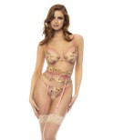 Ensemble 3 pièces avec dentelle brodée florale, soutien gorge, porte jarretelles tour de taille et string Ensemble 3 pièces avec dentelle brodée florale, soutien gorge, porte jarretelles tour de taille et string