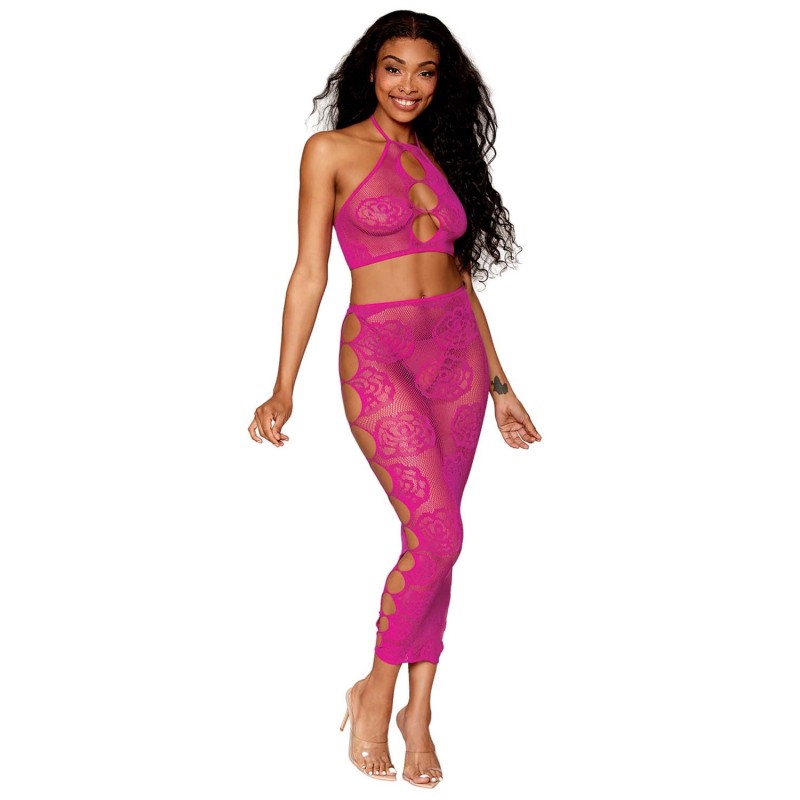 Ensemble Soutien-gorge et jupe longue en filet rose Ensemble Soutien-gorge et jupe longue en filet rose