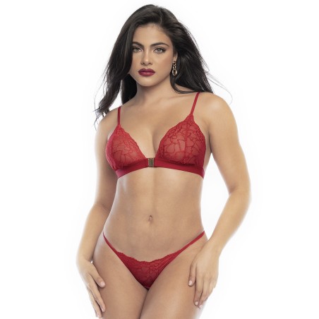 Ensemble lingerie trois pièces en dentelle rouge imprimée de cœurs